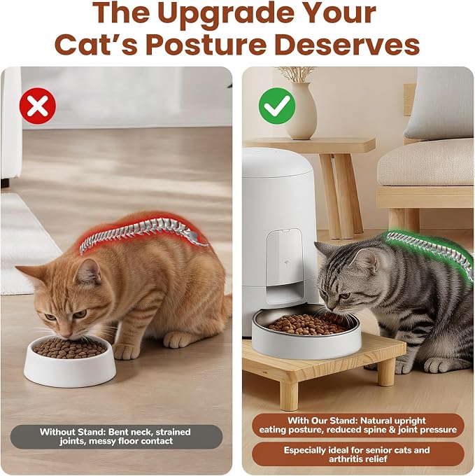 Large Cat Food Stand for Automatic Feeder & Bowls, 15.7" x 11.8" Heavy Duty Solid Wood Cat Bowl Stand, 2.8" Raised Wooden Cat Feeding Table Station with Anti-Slip Feet
