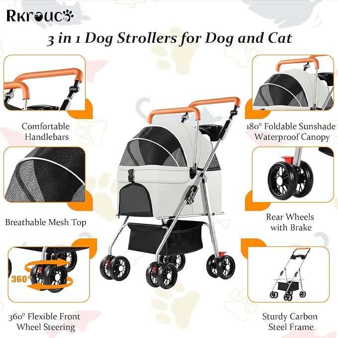 3 in 1 Pet Stroller for Dogs Cats Foldable Jogger with Detachable Carrier