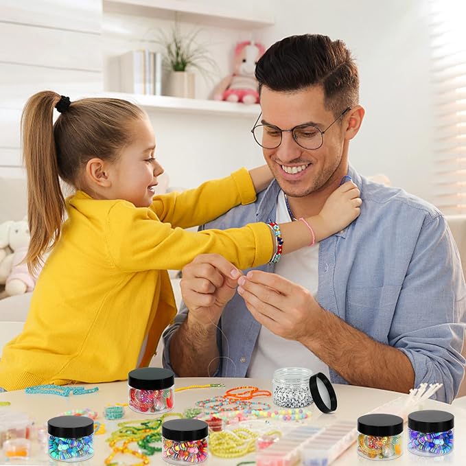PeacePeo Plastic Jars with Lids 4 OZ, 72 Pack Clear Slime Containers | Empty Refillable, Black Screw on Lids, Organize Small Items, Samples, Lotions & Beauty Products, Keep Home Kitchen Neat