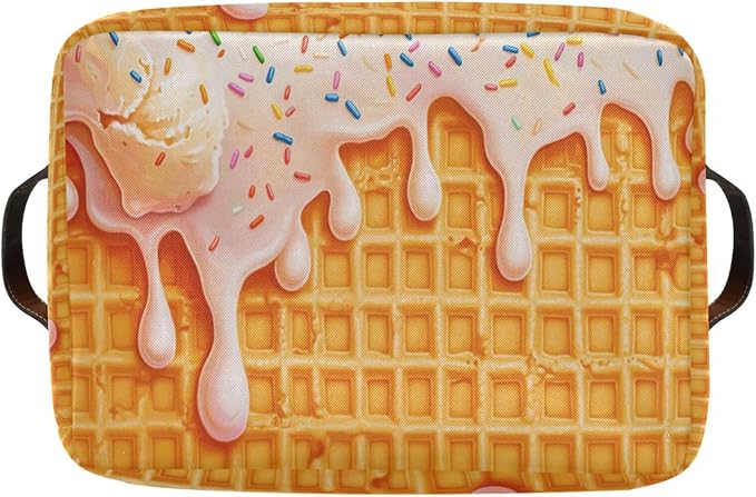 Icecream Waffle Yellow Rectangular Storage Bin Basket with Handles - Nursery Storage Laundry Hamper Storage Baskets