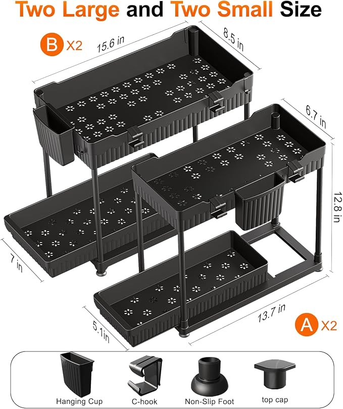 4-Pack 2-Tier Under Sink Organizer with Pull Out Drawers | Multi-use kitchen & bathroom storage. Includes hanging hooks and cups. Black, space-saving cabinet design.