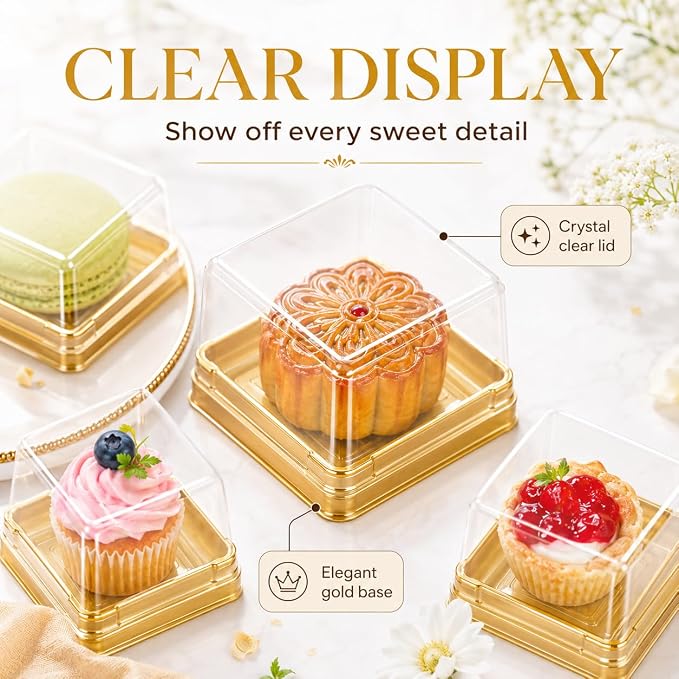 DOITOOL 100 Pcs Mini Cake Containers 2.24 Inch Mooncake Packaging Boxes | Individual cupcake containers with clear lids, gold plastic flan dessert dome for macarons muffins cookies wedding birthday