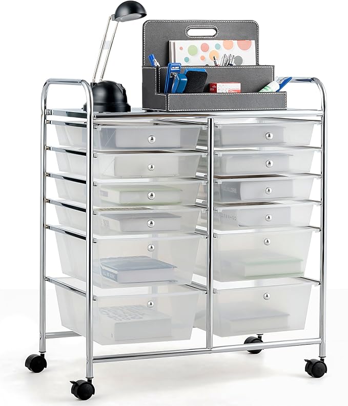 12 Drawer Rolling Storage Cart, Art Cart Organizer on Wheels, Mobile Utility Cart with Drawers, Multipurpose Craft Drawers for Home Office School Classroom (Clear)