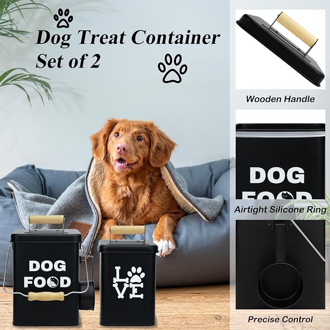 Dog Food Storage Container Set of 2 Dog Treat Container with Airtight Lids Dog Treat Jar with Scoop Metal Dog Food Holder with Wooden Handles for Kitchen Counter and Pantry Home Decor - Black