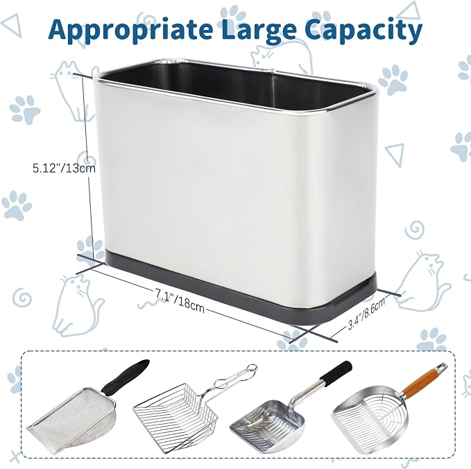 FHTONGE Stainless Steel Cat Litter Scoop Holder for Most Pet Poop Shovels | Detachable Easy Clean Metal Cat Scooper Caddy, Universal Pet Pooper Stand Trash Can Container,Kitten Waste Scoops Storage Box