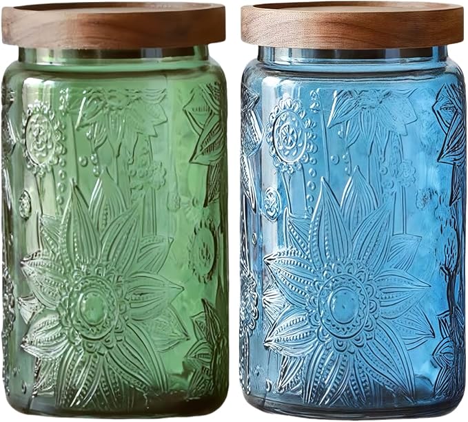 2-Pack 34 oz Glass Storage Jars, Blue & Green Sunflower Kitchen Canisters | Airtight Pantry Organizer, Coffee Beans, Tea, Cookies, Candy, Nuts, Pet Food, Bath Salts, Stackable Countertop Containers
