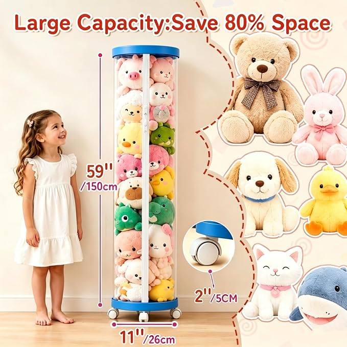 rge Stuffed Animal Storage Tube with Wheels, Tall Toy Organizer with Double Zipper, WhiteClear PET Cylinder Container for Plush Toy Organization, Space Saving Kids Room Storage,Blue