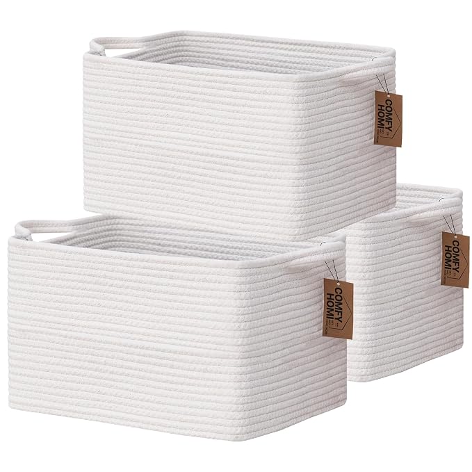 COMFY-HOMI 3PACK Cotton Rope Square Basket with Handles for Shelves| Storage|Baby Basket for GIF|Shoe Basket for Organizing|New13.5" x 11" x 9.5" for Living Room