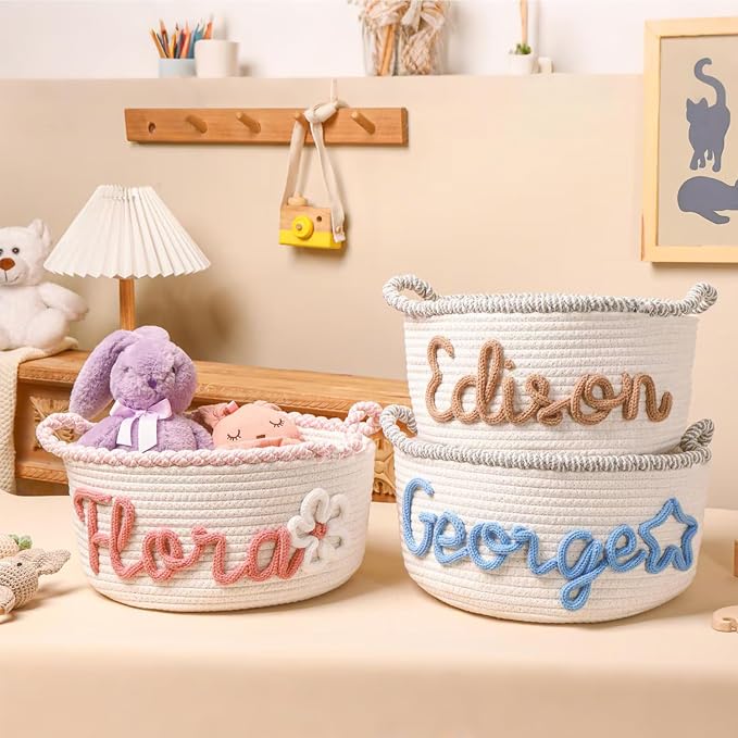 Personalized Cute Small Woven Basket with Handles, Custom Cotton Rope Room Shelf Storage Basket, Empty Decorative Gift Basket, Decorative Round Bin for Nursery Bedroom Bathroom (Style J)