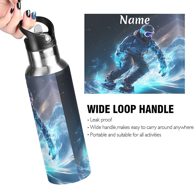Custom Name Skier Ski Water Bottle with Straw Lid Kids Insulated Stainless Steel Water Flask Sports, 20 Oz Hot Cold