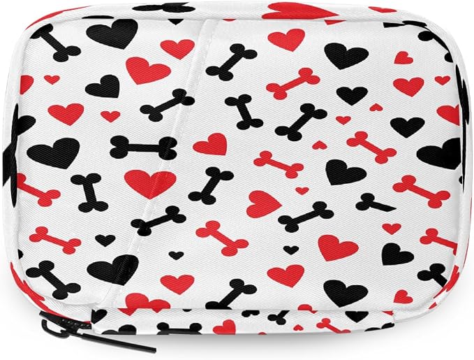 Weekly Pill Organizer Travel Size Bag with Removable 7 Day Pill Box Portable Vitamin Case Purse with Zipper,Hearts Bones White