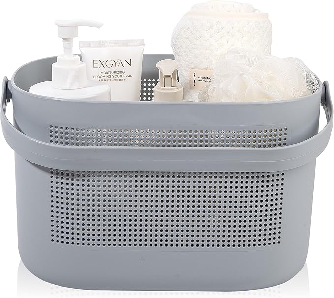 Plastic Portable Shower Caddy Basket, Storage Organizer with Handle, Gray | Bottom Drain Holes, Keep Dry, Sturdy and Durable, Easy to Carry for Bathroom, Kitchen, Dorm Room, RV, College