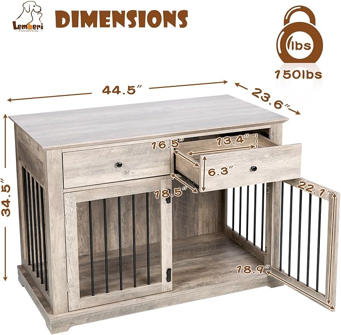 LEMBERI 44-inch Wooden Dog Crate with 2 Storage Drawers, End Table, Grey | Indoor wooden dog kennel with decorative finish. Also use as pet cage, dog house, or side table. Sturdy for large breeds