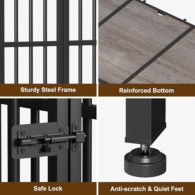 Easycom 27" Foldable Dog Crate Furniture, No Assembly, Oak Grey | Decorative Wooden Dog Kennel Indoor with Adjustable Bowls and Name Tag, Small Dogs (Under 20 lbs), End Table