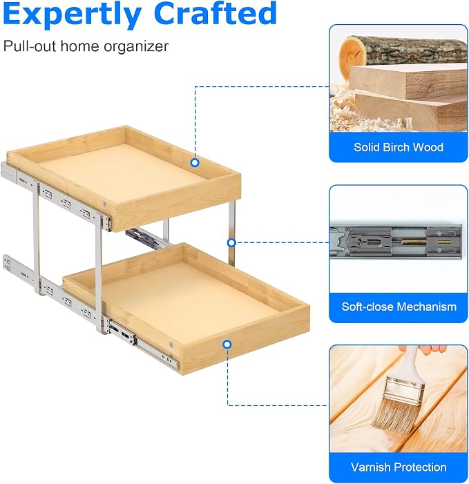 WelFurGeer 2-Tier Pull Out Cabinet Organizer with Soft Close Slides, Heavy-Duty Pull Out Drawers for Cabinets, Slide Out Shelf for Kitchen, Bathroom, Pantry & Under Sink, Solid Birch Wood