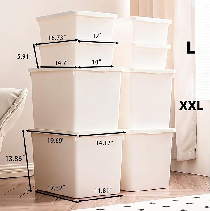 8-Pack 56QT+15QT Stackable Storage Bins, White | Stackable Plastic Storage Bins with Lids – Large Multi-Purpose Organizer for Home, Garage, & Trunk