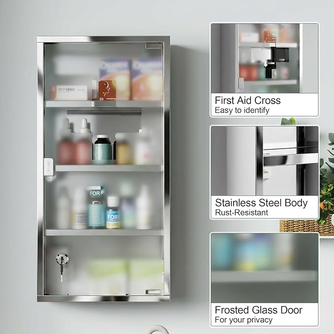 HOMCOM Wall Mounted Medicine Cabinet Lockable Wall Cabinet Silver 12" x 24" | 4 Tier Shelves, Stainless Steel Frame, Glass Door, 2 Keys
