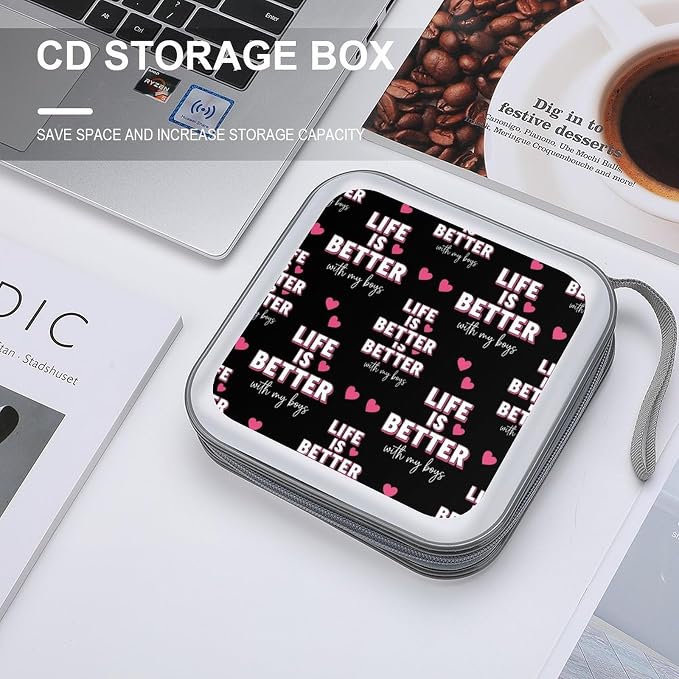 Heavy-Duty DVD Storage Wallet Life Is Better With My Boys, Holds 40 Discs, Hard Shell Binder with Carry Handle, Portable Organizer for Movies Music