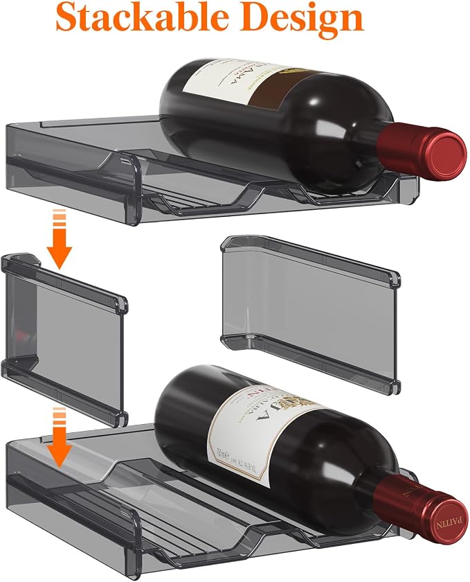 Lifewit Stackable Wine Rack for Cabinet, Plastic Refrigerator Wine Holder | Black Water Bottle Storage Rack for Fridge Shelf, Tumbler Cup Organizer Holds 4 Bottles for Countertop, Kitchen Organization