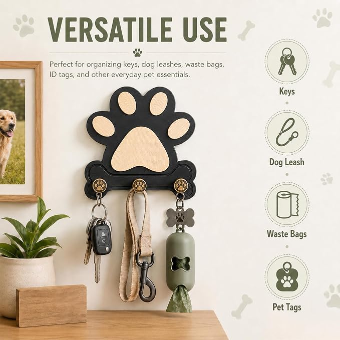 1 Pack Dog Leash Holder for Wall, Wooden Key Holder Wall Mount with 3 Metal Hooks, Dog Paw Organizer for Dog Owners and Pet Lovers (Black) (2)