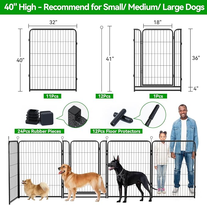 Kfvigoho Dog Playpen Outdoor Extra Wide 12 Panels Heavy Duty Dog Fence 40" | Anti-Rust Coating-Strengthened Dog Fence with Doors Portable for RV Camping Yard, Total 32FT, 79 Sq.ft, Snowy Black