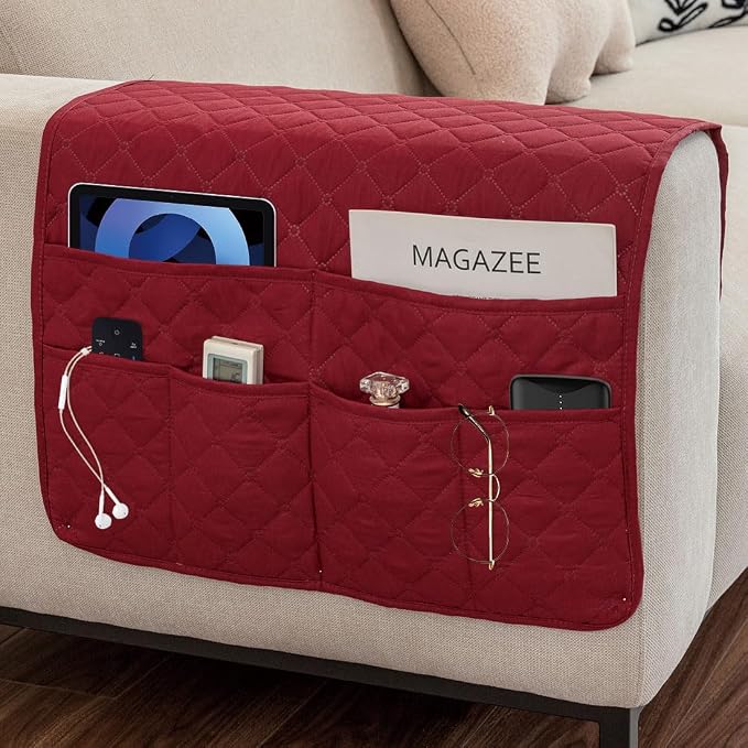 Sofa Armrest Organizer Waterproof Armchair Caddy for Couch Remote Control Holder for Recliner Non Slip Recliner Caddy with 6 Pockets for Magazine, Tablet, Phone, iPad, Wine Red