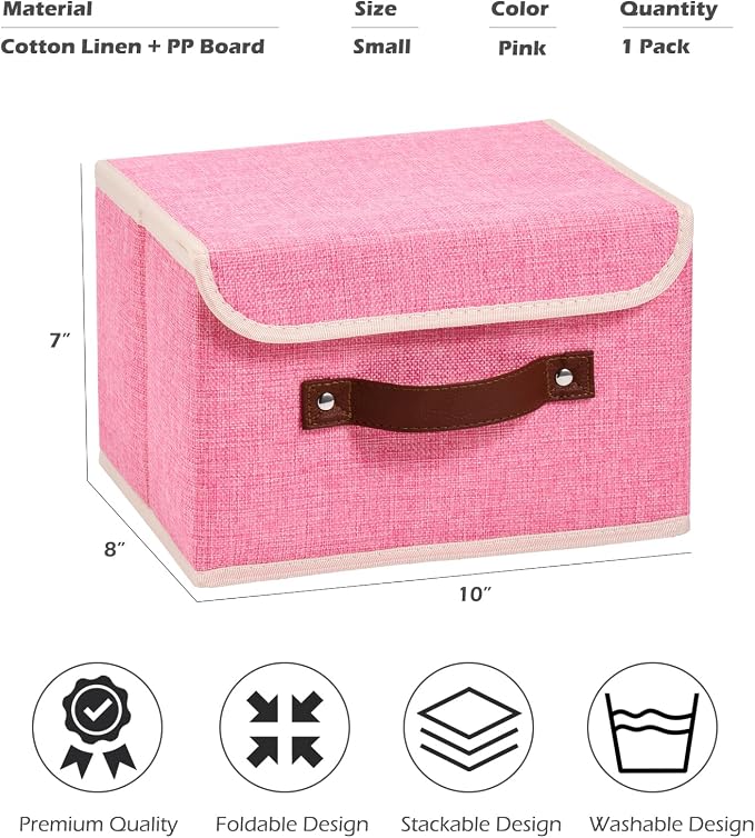 Storage Boxes with Lids Cotton Linen Fabric Bins Baskets | Decorative Collapsible Washable, Clothes Container Organizer for Closet Shelf, w/ Faux Leather Handles, Pink, Small