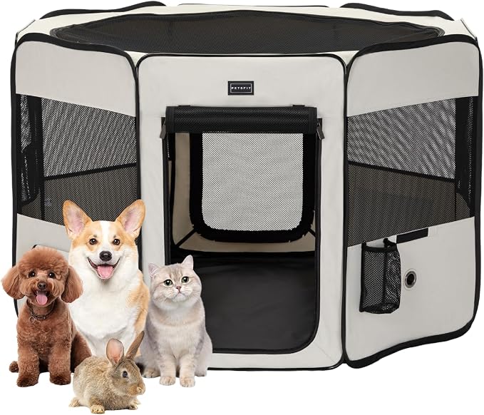PETSFIT 45.5" Dog Playpen with Dual Zipper Doors –Sturdy Foldable Pet Playpen for Large & Medium Dogs with Removable Mesh Top and Leakproof Bottom