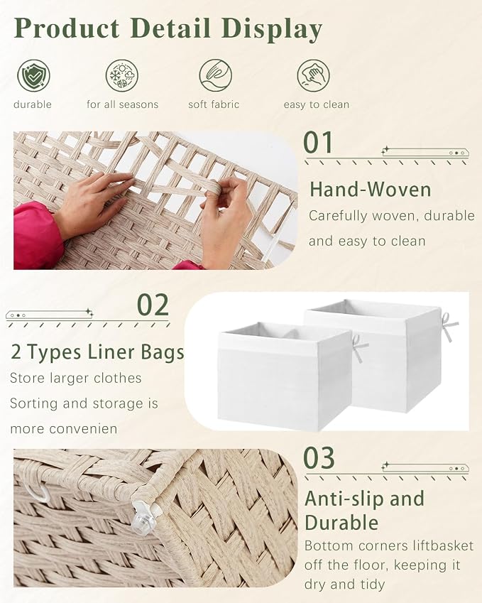 SETVSON Storage Basket with Lid 105L PE Rattan Storage Bin Light Khaki | 2 Removable Liners for Clothes & Blankets, 105L Storage Bin with 2 Separate Lids,Sturdy Metal Frame, PE Rattan