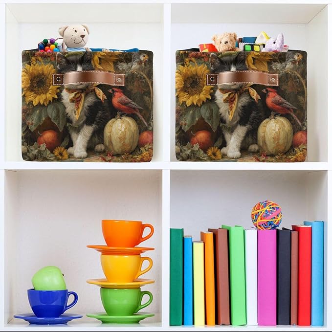 Fall Cat Yellow Sunflowers Rectangular Storage Bin Basket with Handles - Laundry Storage Basket Organizer Bins for Pets Room Books Closet