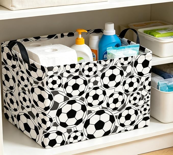 Rectangle Storage Basket with Handles,Collapsible Storage Bin, Gift Basket, Books Box, Room Decor(Soccer)