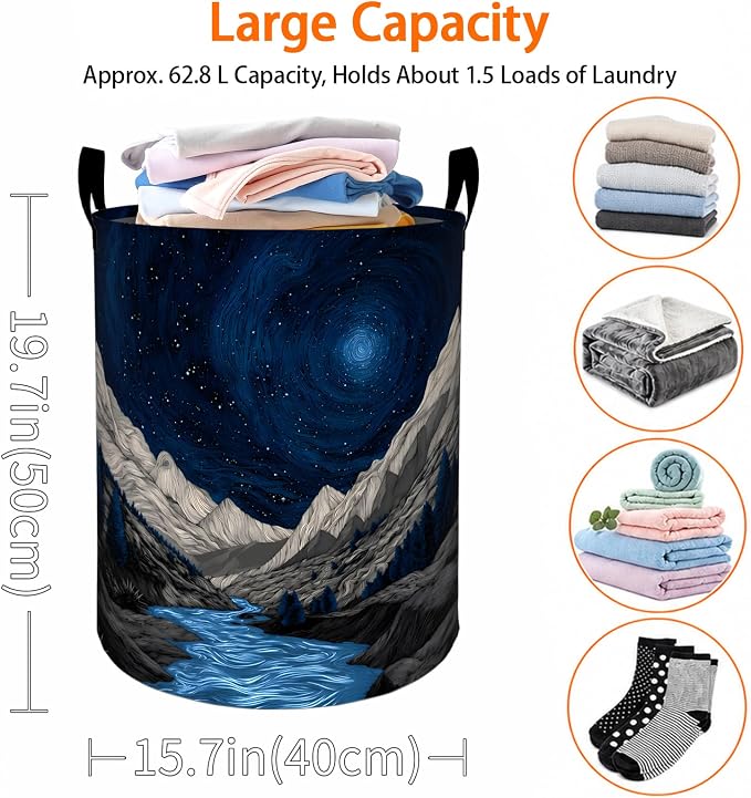 Starry Night Mountain Laundry Basket, Abstract River Oxford Cloth Dirty Clothes Collapsible Hamper for Room Decor, Nature Gifts, Toy Organizer 19.7 x 15.7 Inches for Bedroom Bathroom Dorm