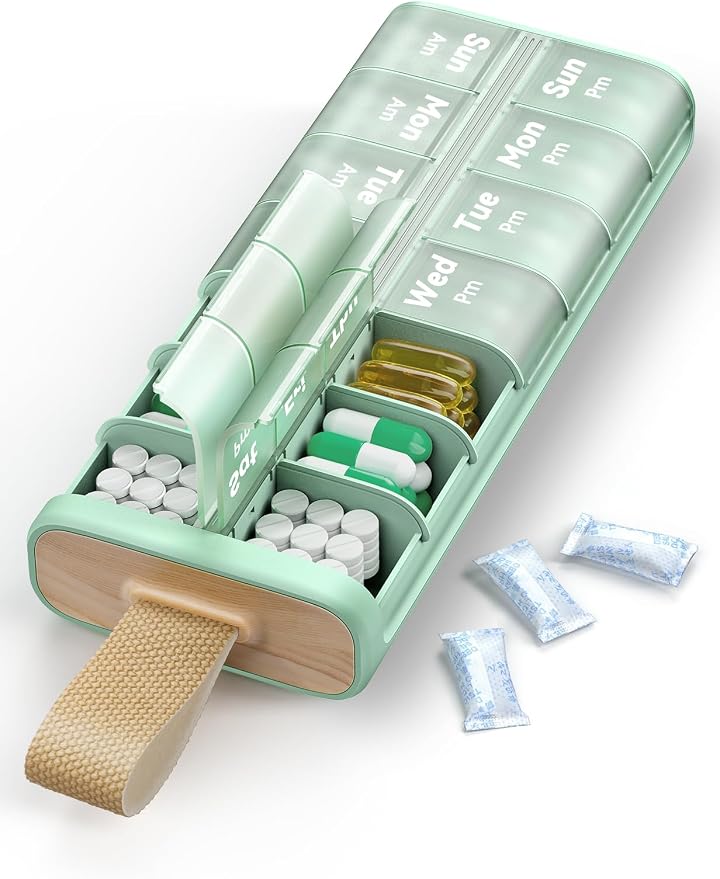 Pill Organizer 2 Times a Day, Built-in Desiccant | 7 Day AM PM Weekly Pill Box, Easy-Open, Portable Carry Handle, BPA-Free, Matte Privacy Case for Supplements and Vitamins