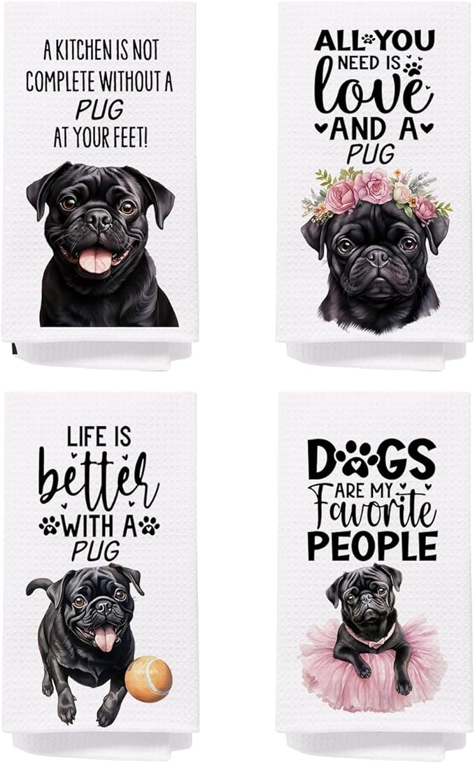 SPBL&L Black Pug Gifts for Women,Black Pug Dog Decor Kitchen Towels Set of 4, Decorative Hand Tea Dish Towels for Bathroom, 16x24 Inches
