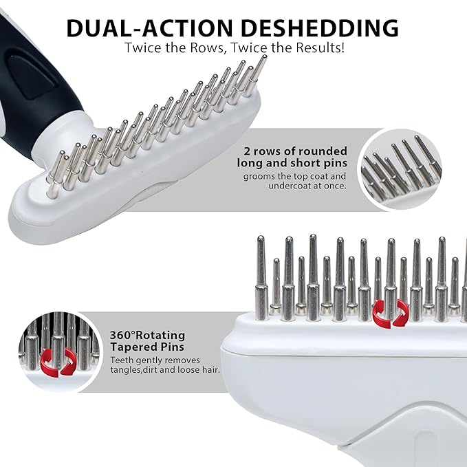 Dog Cat Grooming Tool Rake, Pet Dematting Tool with Stainless Steel Shedding Comb, Double Row Pet Rake Gently Remove Loose or Tangled Hair from Undercoat Black