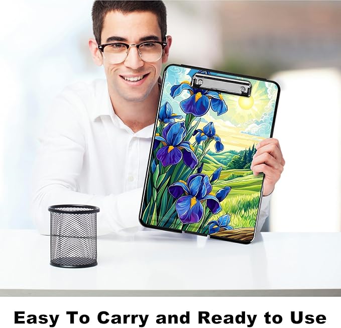 Heavy Duty Storage Clipboard, Slim Nursing Clipboard with Internal Pen Case, Portable File Organizer Case for A4 Letter Size Paper Office Medical Professionals, Blue Flower Lawn