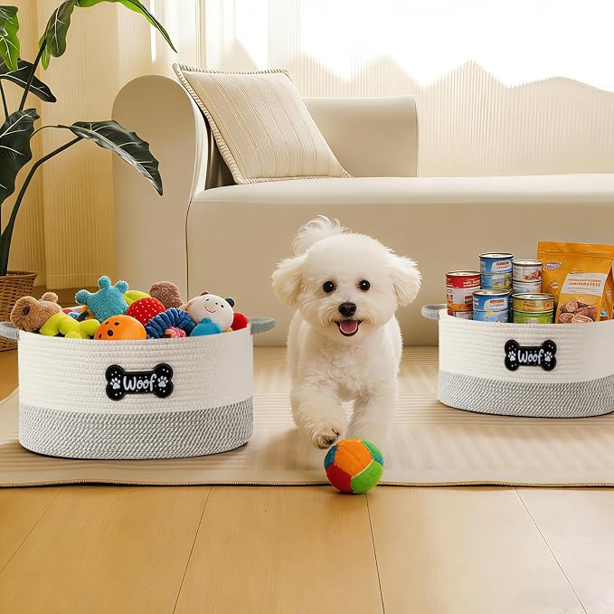 Dog Toy Basket, Dog Toy Box Organizer Baskets, Woven Cotton Rope Pet Puppy Dogs Toy Bin With Handle, Chew Toys Blankets Leashes Grey Storage Baskets for All Pets - Puppies to Large