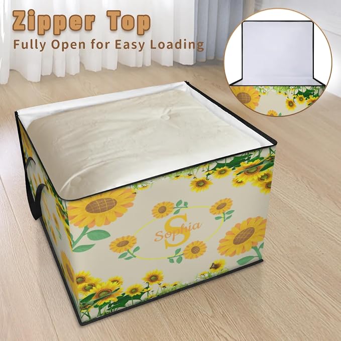 Custom Name Large Clothes Storage Organization with Lids, Kids Toys Bin Shelf Basket, Bedding Clothes Storage Bin for Nursery, Gift Basket, Sunflowers Dark Beige Background
