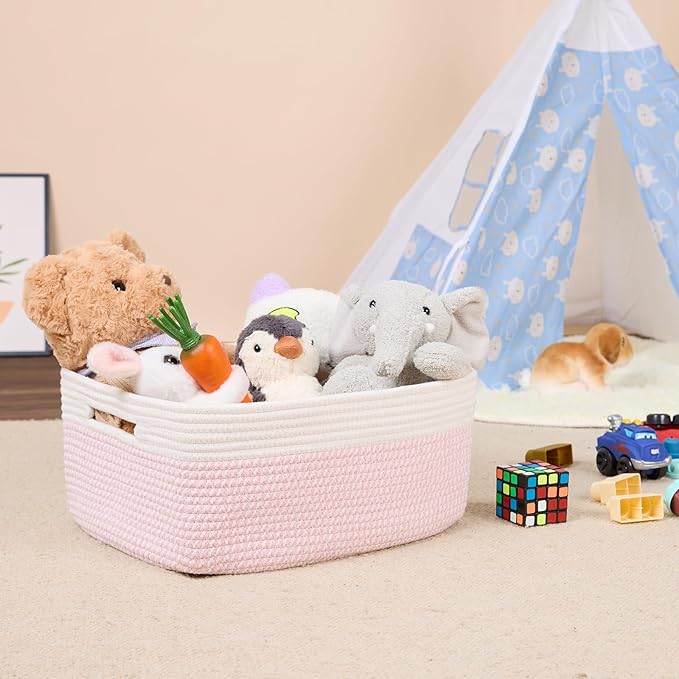MiniArk Large Storage Baskets for Shelves, 17 x 13 x 7.5” Closet Organizers Bins for Clothes Blanket Towels, Baby Nursery, Toy Baskets Box, Woven Rope Baskets, 2 Packs Woven Pink