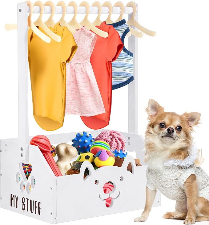 Chunful Dog Closet Wardrobe, Storage Bin, 5 Hangers, Wooden,White | Organize Pet Clothes and Toys, For Small Dogs and Cats, Includes Wardrobe Rack and Storage Box, Natural Wood, 19"x13"x9"