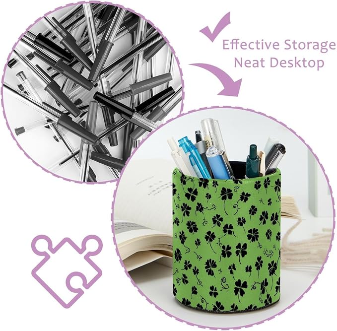 Faux Leather Pen Holder for Desk, Pencil Organizer Clover Pen Cup Desk Decor Makeup Brush Holder Storage for Office Home