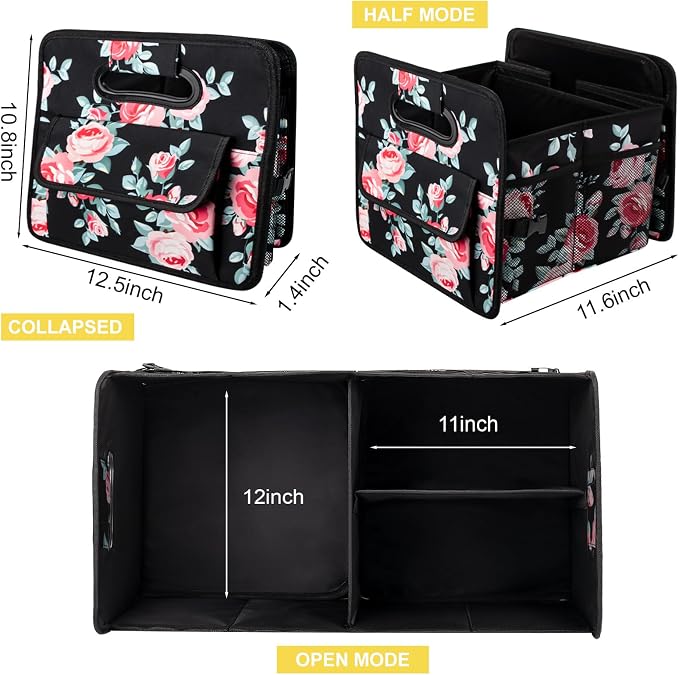 Car Trunk Organizer, Collapsible Car Organizers and Storage Black Floral | Sturdy, Large Capacity, Clean Decor, Multi Compartment Container Box, Adjustable Car Accessories for SUV Sedan Truck