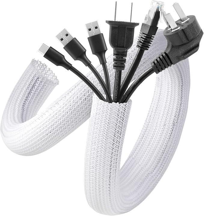 AGPTEK White Cable Sleeve, 2 Pack 5ft - 1.2 Inch Cable Management Cord Hide | Desk Cord Cover Organizer Wire Hider for Office Computer TV Wire Loom Tubing Pet-Proof Cord Protector from Cat Dog Chewing