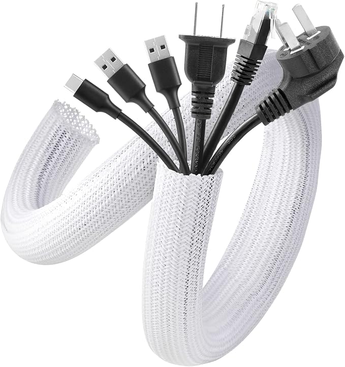 AGPTEK Cable Sleeve, 2 Pack 5ft - 1.8 inch Cable Management Cord Hide,White | Desk Cord Cover Organizer Wire Hider for Office Computer TV Wire Loom Tubing Pet-Proof Cord Protector from Cat Dog Chewing