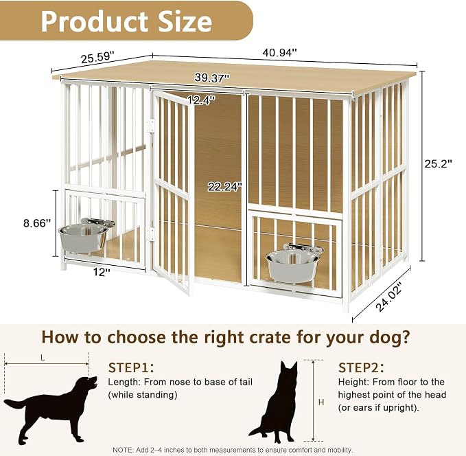 Hadulcet 41'' Foldable Dog Crate Furniture, Large Dog Kennel with 2 Bowls | Wooden Crate Table with Storage Top, Furniture Style Indoor Kennel for Small to Large Dogs with Rotating Food Door, Oak