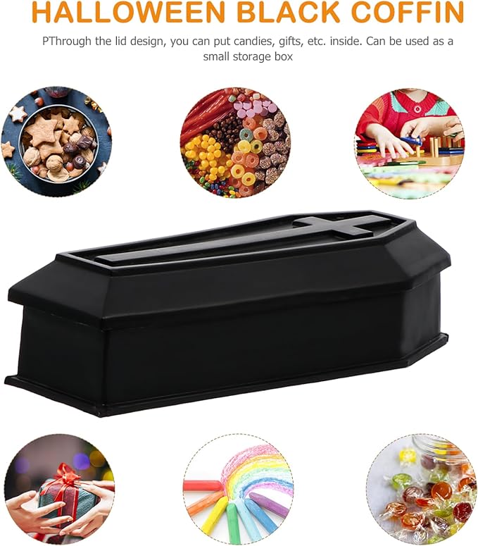 Healifty Mini Coffin Box Pet Casket Box with Lid for Halloween Decor | Black Small Plastic Casket Model for Trinkets, Candy, Dollhouse Scenes, Spooky Tables, Haunted Houses and Party Favors