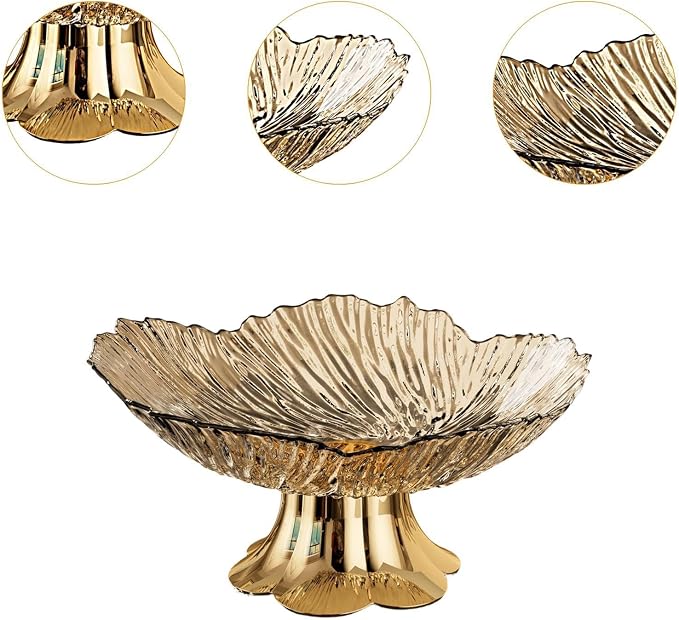 Pedestal Fruit Bowl, Snack Storage Holder, Fruit Tray, Dessert Display Stand, Decorative for Living Room Kitchen Home, E with Gold Base, Gold