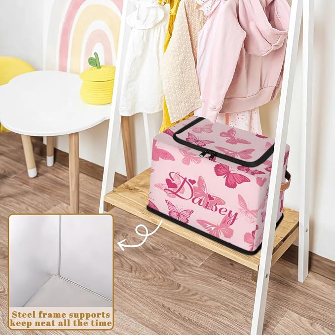 Custom Cute Butterfly Storage-Bin With Zipper Lid for Kids-Girls-Boys-Baby-Pet,Personalized Name Foldable Storage Box with Handle,Baby Basket With Label for Bedroom Nursery Toy Clothes,Pink