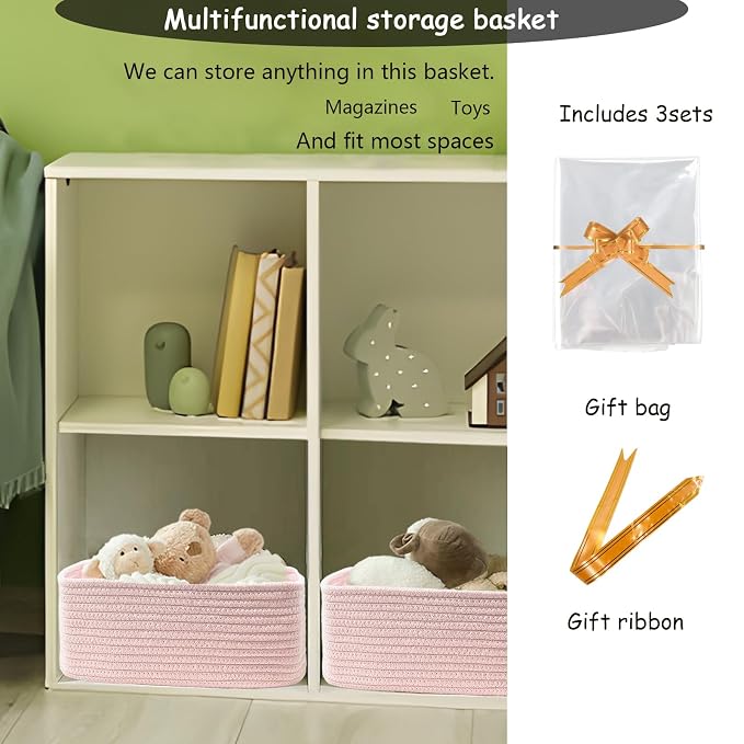 COMFY HOMI 11.5"x7.5"x4.7" Storage Baskets for Organizing | Cotton Rope Woven Basket | Toy Storage Bin Box | Basket for Shelves, Closet Organizer Bin, Decorative Closet Shelf, 3 Pack,