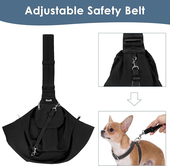 Lukovee Pet Sling, Puppy Small Pet Cat Carrier with Safety Hook | Hands-Free,Padded Strap, Breathable, Adjustable, Storage Pocket, Tote Bag Shoulder Bag with Front Pocket (Black, L)